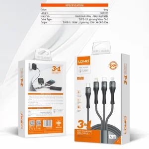 کابل تبدیل USB-C به USB-C / microUSB / لایتنینگ الدینیو مدل 3IN1 LC94c طول 1.2 متر