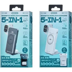 پاوربانک 5 کاره بی سیم 22.5 وات ریمکس مدل  RPP-D3 ظرفیت 10000 میلی‌آمپر ساعت