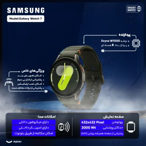 ساعت هوشمند سامسونگ مدل Galaxy Watch 7 40mm دارای قابلیت های کنترل موسیقی (Music Player)، قابلیت مکالمه از طریق بلوتوث، قابلیت تغییر طرح ساعت یا تم، صفحه همیشه روشن (Always-on Display)، پشتیبانی از دستیار صوتی بند پلاستیک
