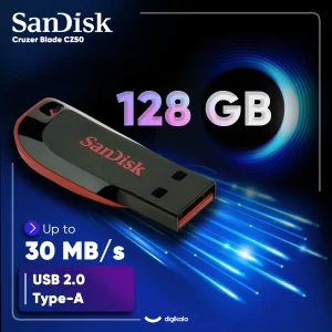 فلش مموری سن دیسک مدل Cruzer Blade CZ50 ظرفیت 128 گیگابایت با رابط USB 2.0، بدنه مات مقاوم در برابر لک و اثر انگشت، سرعت انتقال 30 مگابایت بر ثانیه، قابلیت رمزگذاری اطلاعات و طراحی بدون درپوش با شیار اتصال بند
