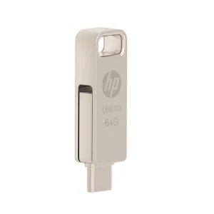فلش مموری اچ‌پی مدل x206c ظرفیت 64 گیگابایت با طراحی چرخشی، بدنه فلزی، دو رابط USB Type-C و USB Type-A، سرعت انتقال تا 100 مگابایت بر ثانیه و سازگار با ویندوز و مک