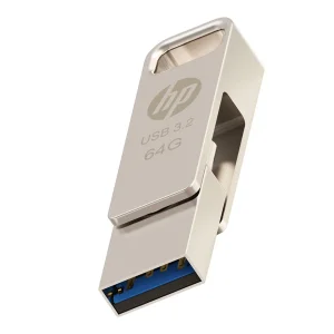 فلش مموری اچ‌پی مدل x206c ظرفیت 64 گیگابایت با طراحی چرخشی، بدنه فلزی، دو رابط USB Type-C و USB Type-A، سرعت انتقال تا 100 مگابایت بر ثانیه و سازگار با ویندوز و مک