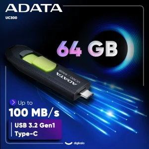 فلش مموری کشویی ای دیتا مدل UC300 ظرفیت 64 گیگابایت با رابط USB Type-C و استاندارد USB 3.2 Gen 1، سرعت انتقال داده تا 5 گیگابایت بر ثانیه، سازگار با لپ‌تاپ، گوشی، تبلت و تلویزیون، بدون نیاز به نصب درایور