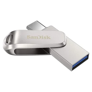 فلش مموری سن دیسک مدل Ultra Dual Drive Luxe ظرفیت 64 گیگابایت با دو رابط USB تایپ سی و USB 3.2 Gen1، بدنه فلزی چرخشی، سرعت انتقال 150 مگابایت بر ثانیه و سازگار با گوشی، تبلت، کامپیوتر و تلویزیون
