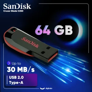 فلش مموری 64 گیگابایت سن دیسک مدل Cruzer Blade CZ50 با رابط USB 2.0، بدنه مات مقاوم در برابر اثر انگشت، قابلیت رمزگذاری نرم‌افزاری و شیار اتصال بند