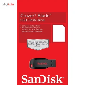 فلش مموری 64 گیگابایت سن دیسک مدل Cruzer Blade CZ50 با رابط USB 2.0، بدنه مات مقاوم در برابر اثر انگشت، قابلیت رمزگذاری نرم‌افزاری و شیار اتصال بند