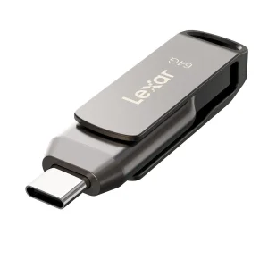 فلش مموری لکسار مدل JumpDrive Dual Drive D400 ظرفیت 64 گیگابایت با رابط USB 3.1 Type-C و Type-A، بدنه فلزی مقاوم در برابر آب، ضربه، شوک و گرد و غبار، سرعت انتقال تا 130 مگابایت بر ثانیه و قابلیت رمزگذاری خودکار داده‌ها