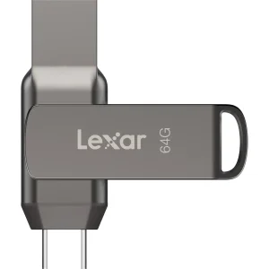فلش مموری لکسار مدل JumpDrive Dual Drive D400 ظرفیت 64 گیگابایت با رابط USB 3.1 Type-C و Type-A، بدنه فلزی مقاوم در برابر آب، ضربه، شوک و گرد و غبار، سرعت انتقال تا 130 مگابایت بر ثانیه و قابلیت رمزگذاری خودکار داده‌ها
