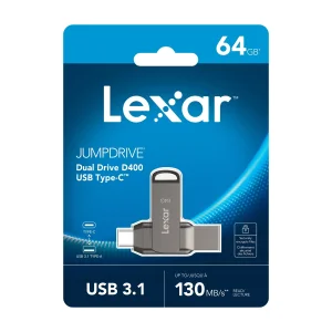فلش مموری لکسار مدل JumpDrive Dual Drive D400 ظرفیت 64 گیگابایت با رابط USB 3.1 Type-C و Type-A، بدنه فلزی مقاوم در برابر آب، ضربه، شوک و گرد و غبار، سرعت انتقال تا 130 مگابایت بر ثانیه و قابلیت رمزگذاری خودکار داده‌ها