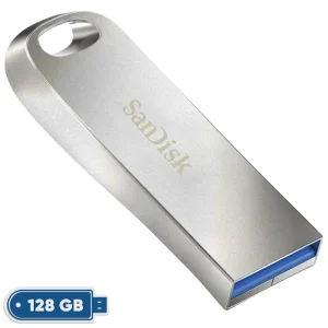 فلش مموری سن دیسک مدل Ultra Luxe ظرفیت 128 گیگابایت با بدنه فلزی، رابط USB 3.1 Type-A، سرعت خواندن 150 مگابایت بر ثانیه و نرم‌افزار کدگذاری SanDisk Secure Access