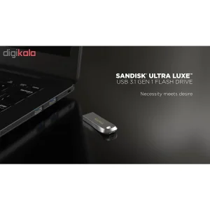 فلش مموری سن دیسک مدل Ultra Luxe ظرفیت 128 گیگابایت با بدنه فلزی، رابط USB 3.1 Type-A، سرعت خواندن 150 مگابایت بر ثانیه و نرم‌افزار کدگذاری SanDisk Secure Access