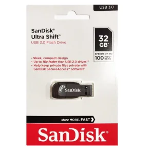 فلش مموری سن دیسک مدل ULTRA SHIFT CZ410 ظرفیت 32 گیگابایت، رابط USB 3.1 با سرعت خواندن 100 مگابایت بر ثانیه، مناسب ضبط خودرو و تلویزیون، دارای نرم‌افزار امنیتی SanDisk SecureAccess و بازیابی فایل RESCUEPRO DELUXE