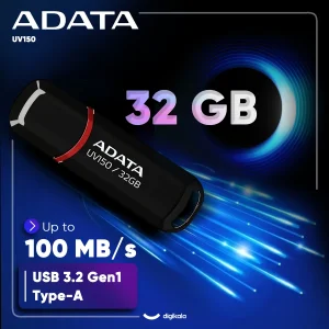فلش مموری ای دیتا مدل UV150 ظرفیت 32 گیگابایت با رابط USB 3.2 Gen1، سرعت خواندن 90 مگابایت بر ثانیه، سرعت نوشتن 40 مگابایت بر ثانیه، طراحی درپوش‌دار و سازگار با ویندوز، مک و لینوکس