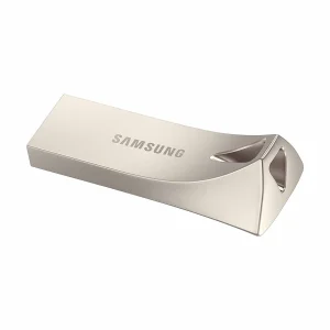 فلش مموری سامسونگ Bar Plus ظرفیت 64 گیگابایت USB 3.1 با بدنه فلزی مقاوم، سرعت انتقال 300 مگابایت بر ثانیه، ضد آب تا عمق یک متر، مقاوم در برابر ضربه، شوک، حرارت و مغناطیس
