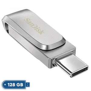 فلش مموری 128 گیگابایت سن دیسک مدل Ultra Dual Drive Luxe با دو رابط USB Type-C و USB Type-A، سرعت انتقال 150 مگابایت بر ثانیه، بدنه فلزی و سازگار با ویندوز، مک، اندروید و iOS