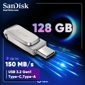 فلش مموری 128 گیگابایت سن دیسک مدل Ultra Dual Drive Luxe با دو رابط USB Type-C و USB Type-A، سرعت انتقال 150 مگابایت بر ثانیه، بدنه فلزی و سازگار با ویندوز، مک، اندروید و iOS
