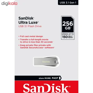 فلش مموری سن دیسک مدل Ultra Luxe ظرفیت 256 گیگابایت، رابط USB 3.1، سرعت خواندن 150 مگابایت بر ثانیه، بدنه فلزی مقاوم، پشتیبانی از نرم‌افزار کدگذاری اطلاعات