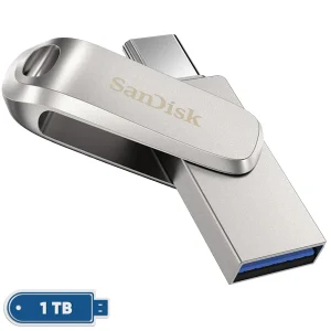 فلش مموری سن دیسک Ultra Dual Drive Luxe ظرفیت 1 ترابایت با دو رابط USB Type-C و USB Type-A، طراحی تاشو، فلزی، سازگار با ویندوز، مک، اندروید و iOS، استاندارد USB 3.2 Gen2