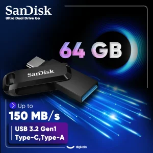 فلش مموری سن دیسک 64 گیگابایت مدل Ultra Dual Drive Go با دو رابط USB Type-C و USB Type-A، استاندارد USB 3.2 Gen1، طراحی چرخشی، سازگار با اندروید، iOS، ویندوز و مک، مناسب گوشی، تبلت، کامپیوتر و تلویزیون