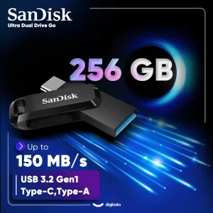 فلش مموری سن دیسک Ultra Dual Drive Go ظرفیت 256 گیگابایت با دو رابط USB Type-C و USB Type-A، طراحی چرخشی، سرعت خواندن 150 مگابایت بر ثانیه، سازگار با کامپیوتر، لپ‌تاپ، تبلت و گوشی موبایل