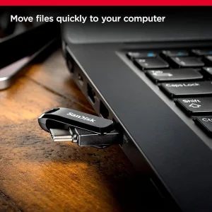 فلش مموری سن دیسک Ultra Dual Drive Go ظرفیت 256 گیگابایت با دو رابط USB Type-C و USB Type-A، طراحی چرخشی، سرعت خواندن 150 مگابایت بر ثانیه، سازگار با کامپیوتر، لپ‌تاپ، تبلت و گوشی موبایل