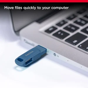 فلش مموری سن دیسک Ultra Dual Drive Go ظرفیت 256 گیگابایت با دو رابط USB Type-C و USB Type-A، طراحی چرخشی، سرعت خواندن 150 مگابایت بر ثانیه، سازگار با کامپیوتر، لپ‌تاپ، تبلت و گوشی موبایل