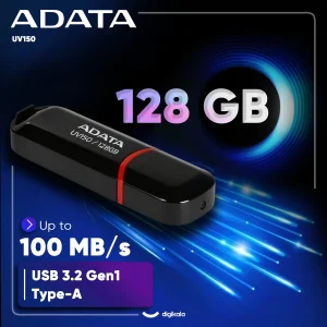 فلش مموری ای دیتا مدل UV150 ظرفیت 128 گیگابایت با رابط USB 3.2 Gen1 و پشتیبانی از انواع سیستم‌عامل، طراحی درپوش‌دار و سازگار با کامپیوتر، لپ‌تاپ، موبایل و تلویزیون