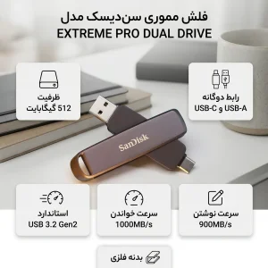 فلش مموری سن دیسک مدل EXTREME PRO DUAL DRIVE ظرفیت 512 گیگابایت با رابط USB 3.2 Gen2