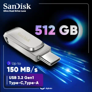فلش مموری سن دیسک Ultra Dual Drive Luxe ظرفیت 512 گیگابایت با دو رابط USB 3.2 Type-C و Type-A، طراحی چرخشی، بدنه فلزی و سازگار با گوشی، تبلت، کامپیوتر و تلویزیون