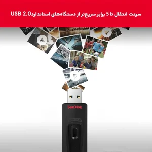 فلش مموری کشویی سن دیسک مدل CZ48 ظرفیت 128 گیگابایت با رابط USB 3.0، سرعت انتقال تا 100 مگابایت بر ثانیه، سازگار با USB 2.0 و قابلیت رمزنگاری اطلاعات