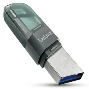فلش مموری سن دیسک iXPAND FLIP ظرفیت 256 گیگابایت با دو رابط Lightning و USB 3.1، بدنه فلزی، سازگار با iPhone، iPad، ویندوز و مک، انتقال خودکار عکس و ویدیو، طراحی درپوش‌دار و سبک