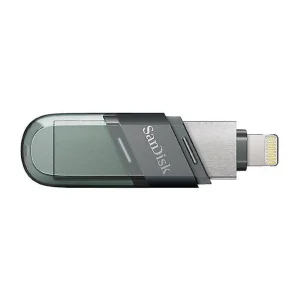 فلش مموری سن دیسک iXPAND FLIP ظرفیت 256 گیگابایت با دو رابط Lightning و USB 3.1، بدنه فلزی، سازگار با iPhone، iPad، ویندوز و مک، انتقال خودکار عکس و ویدیو، طراحی درپوش‌دار و سبک