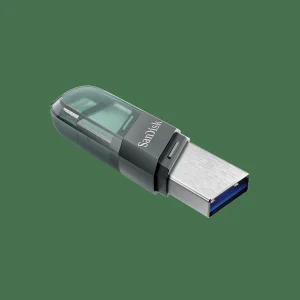 فلش مموری سن دیسک iXPAND FLIP ظرفیت 256 گیگابایت با دو رابط Lightning و USB 3.1، بدنه فلزی، سازگار با iPhone، iPad، ویندوز و مک، انتقال خودکار عکس و ویدیو، طراحی درپوش‌دار و سبک