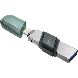 فلش مموری سن دیسک iXPAND FLIP ظرفیت 256 گیگابایت با دو رابط Lightning و USB 3.1، بدنه فلزی، سازگار با iPhone، iPad، ویندوز و مک، انتقال خودکار عکس و ویدیو، طراحی درپوش‌دار و سبک