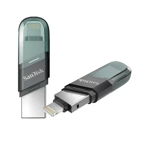 فلش مموری سن دیسک iXPAND FLIP ظرفیت 256 گیگابایت با دو رابط Lightning و USB 3.1، بدنه فلزی، سازگار با iPhone، iPad، ویندوز و مک، انتقال خودکار عکس و ویدیو، طراحی درپوش‌دار و سبک