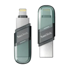 فلش مموری سن دیسک iXPAND FLIP ظرفیت 256 گیگابایت با دو رابط Lightning و USB 3.1، بدنه فلزی، سازگار با iPhone، iPad، ویندوز و مک، انتقال خودکار عکس و ویدیو، طراحی درپوش‌دار و سبک