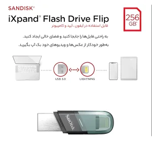 فلش مموری سن دیسک iXPAND FLIP ظرفیت 256 گیگابایت با دو رابط Lightning و USB 3.1، بدنه فلزی، سازگار با iPhone، iPad، ویندوز و مک، انتقال خودکار عکس و ویدیو، طراحی درپوش‌دار و سبک