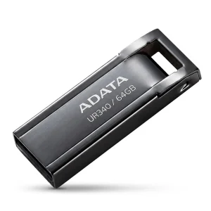 فلش مموری ای دیتا مدل UR340 ظرفیت 64 گیگابایت با بدنه فلزی، رابط USB 3.2 Gen1 Type-A، سرعت انتقال 100 مگابایت بر ثانیه و پشتیبانی از سیستم‌عامل‌های ویندوز، مک و لینوکس