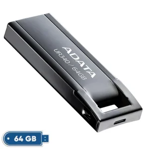 فلش مموری ای دیتا مدل UR340 ظرفیت 64 گیگابایت با بدنه فلزی، رابط USB 3.2 Gen1 Type-A، سرعت انتقال 100 مگابایت بر ثانیه و پشتیبانی از سیستم‌عامل‌های ویندوز، مک و لینوکس