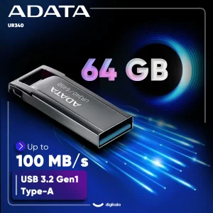 فلش مموری ای دیتا مدل UR340 ظرفیت 64 گیگابایت با بدنه فلزی، رابط USB 3.2 Gen1 Type-A، سرعت انتقال 100 مگابایت بر ثانیه و پشتیبانی از سیستم‌عامل‌های ویندوز، مک و لینوکس