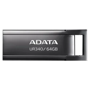 فلش مموری ای دیتا مدل UR340 ظرفیت 64 گیگابایت با بدنه فلزی، رابط USB 3.2 Gen1 Type-A، سرعت انتقال 100 مگابایت بر ثانیه و پشتیبانی از سیستم‌عامل‌های ویندوز، مک و لینوکس