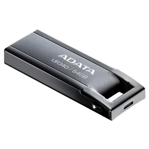 فلش مموری ای دیتا مدل UR340 ظرفیت 64 گیگابایت با بدنه فلزی، رابط USB 3.2 Gen1 Type-A، سرعت انتقال 100 مگابایت بر ثانیه و پشتیبانی از سیستم‌عامل‌های ویندوز، مک و لینوکس