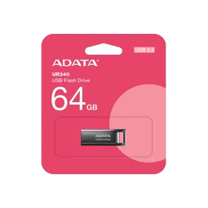 فلش مموری ای دیتا مدل UR340 ظرفیت 64 گیگابایت با بدنه فلزی، رابط USB 3.2 Gen1 Type-A، سرعت انتقال 100 مگابایت بر ثانیه و پشتیبانی از سیستم‌عامل‌های ویندوز، مک و لینوکس