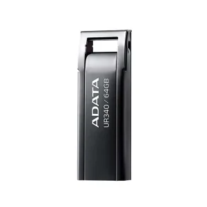فلش مموری ای دیتا مدل UR340 ظرفیت 64 گیگابایت با بدنه فلزی، رابط USB 3.2 Gen1 Type-A، سرعت انتقال 100 مگابایت بر ثانیه و پشتیبانی از سیستم‌عامل‌های ویندوز، مک و لینوکس