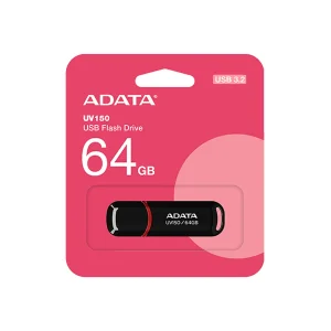 فلش مموری ای دیتا مدل UV150 ظرفیت 64 گیگابایت، رابط USB 3.2 Gen1، سرعت خواندن 90 مگابایت بر ثانیه، طراحی درپوش‌دار، سازگار با گوشی، تبلت، کامپیوتر و تلویزیون
