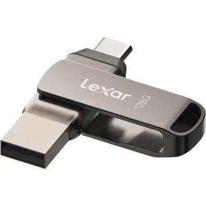 فلش مموری لکسار مدل JumpDrive Dual Drive D400 ظرفیت 32 گیگابایت، دو درگاه USB Type-C و Type-A، سرعت انتقال 130 مگابایت بر ثانیه، مقاوم در برابر آب، ضربه، شوک و گرد و غبار، بدنه فلزی چرخشی و رمزگذاری خودکار اطلاعات