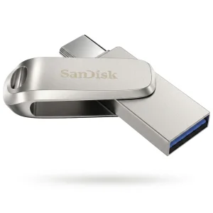 فلش مموری سن دیسک مدل Dual Drive Luxe ظرفیت 128 گیگابایت با طراحی چرخشی، دو رابط USB Type-C و USB Type-A، سرعت انتقال 150 مگابایت بر ثانیه، بدنه فلزی و سازگار با موبایل، تبلت، کامپیوتر و تلویزیون