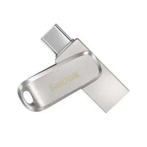 فلش مموری سن دیسک مدل Dual Drive Luxe ظرفیت 128 گیگابایت با طراحی چرخشی، دو رابط USB Type-C و USB Type-A، سرعت انتقال 150 مگابایت بر ثانیه، بدنه فلزی و سازگار با موبایل، تبلت، کامپیوتر و تلویزیون