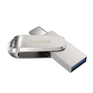 فلش مموری سن دیسک مدل Dual Drive Luxe ظرفیت 128 گیگابایت با طراحی چرخشی، دو رابط USB Type-C و USB Type-A، سرعت انتقال 150 مگابایت بر ثانیه، بدنه فلزی و سازگار با موبایل، تبلت، کامپیوتر و تلویزیون