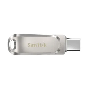فلش مموری سن دیسک مدل Dual Drive Luxe ظرفیت 128 گیگابایت با طراحی چرخشی، دو رابط USB Type-C و USB Type-A، سرعت انتقال 150 مگابایت بر ثانیه، بدنه فلزی و سازگار با موبایل، تبلت، کامپیوتر و تلویزیون
